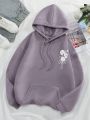 SHEIN Essnce Floral & Slogan Graphic Drawstring Thermal Lined Hoodie