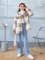 SHEIN Tween Girl Plaid Print Drop Shoulder Fleece Coat