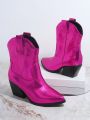 Embroidered Detail Pointed Toe Chunky Heel Women Fashion Boots