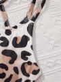 SHEIN Tween Girls' Leopard Print One-Piece Swimsuit With Spaghetti Straps