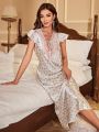Ditsy Floral Print Contrast Lace Tie Neck Ruffle Trim Nightdress