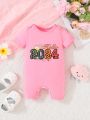 Infant Girls' Comfortable Casual Basic Cute & Interesting Digit & Letter Pattern Printed Romper, Suitable For New Year