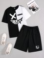 SHEIN Teen Boys' Casual Street Style Color Block & Expression Print T-Shirt And Shorts Set
