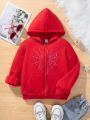SHEIN Girls' Pullover Hoodie With Spiders Web Rhinestone Decoration, Patch Pocket, Fleece Lining