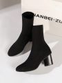 Women's Knit Boots, Christmas 2023 New Mid-calf High-heel Black Fashionable Boots, Women's Autumn Winter Unique Heel Ankle Boots To Look Taller And Slimmer, Women's Short Boots, Black Friday Activity Boots For Women's Holiday Season Style