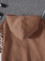 SHEIN Older Girls' Knitted Contrast Color Leopard Print Hooded Loose Sweatshirt
