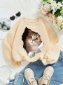 Tween Girl Cat Print Drop Shoulder Thermal Lined Sweatshirt
