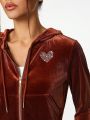 Alexandra Five Women'S Zipper Front Drawstring Hooded Jacket With Heart Rhinestone Decoration, Slim Fit