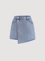 SHEIN Teen Girls' Casual Denim Skirt Pants With Fashionable Asymmetrical Hemline And Stonewashed Design