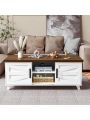 Farmhouse Coffee Table with Sliding Barn Doors & Storage, Modern Center Table Industrial Rectangular Cocktail Table with Adjustable Shelves for Living Room, White