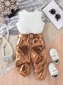 Baby Girls' Stand Collar Striped Vest And Overalls Casual Sports Set For Summer