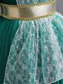 Young Girl Vintage Cosplay Mesh Dress In Dark Green