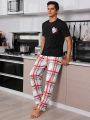 Men's Short-Sleeved Checkered Pants With Peach Heart Print Homewear Set