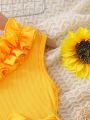SHEIN Kids Cooltwn Tween Girls' Sunflower Print Asymmetrical Neck Sleeveless Dress