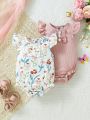 Baby Girls' Fun And Cute Small Flower Puff-Sleeve Jumpsuit With Fashionable Casual Matching Blouse