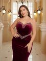 SHEIN Belle Plus Size Women's Fish Tail Strapless Evening Party Cocktail Dress Decorated With Hotfix Rhinestones