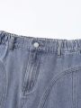 Teen Girls' Y2k Street Style Sweet & Cool Elastic Waist Mid Blue-Washed Denim Skirt With Distressed Hemline Detail
