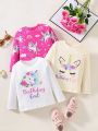 SHEIN Toddler Girls' Casual Cute Unicorn Printed Long Sleeve T-shirt, 3pcs/set, Spring & Autumn