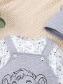 Baby Boys' Cartoon Letter Print Long Sleeve T-shirt And Overalls Set With Hat