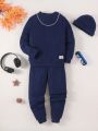 3pcs Boys' Casual Set Including Long Sleeve Round Neck Top, Sweatpants, And Cap, Made Of Elastic And Warm Fleece Material, Suitable For Fall And Winter Wear