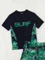 Teen Boys' Letter And Tropical Printed Short Sleeve Top And Shorts Swimwear Set
