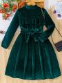 Tween Girls' Velvet Stand Collar Ruffle Trim Dress