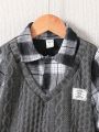 Young Boy Plaid Print Letter Patched Detail 2 In 1 Sweatshirt & Pants