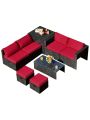 Gymax 8PCS Rattan Patio Sectional Furniture Set w/ Waterproof Cover & Red Cushions