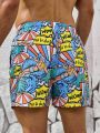 Men's Beach Shorts With All-Over Printed Pattern And Diagonal Pockets