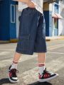 SHEIN Boys' Elastic Waist Flip-Pocket Side Stripe Denim Shorts