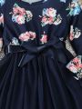 SHEIN Kids EVRYDAY Girls' Elegant Floral Printed Mesh Spliced Belted Dress With Waistband