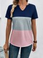 SHEIN LUNE Women's Notch Neckline Small V-neck Colorblock Patchwork T-shirt