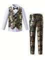 Tween Boy's Gold Hot Stamping Gentleman 2pcs Formal Suit Set