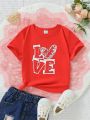 Young Girls' Letter & Heart Printed Short Sleeve T-Shirt