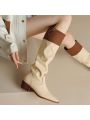 Women's Color Block Square Toe Chunky Heel Vintage Knee-high Boots, One Step Knight Boots, Simple And All-match Fashion Boots