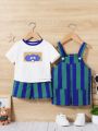 SHEIN Unisex Baby Cartoon Short Sleeve T-Shirt, Striped Shorts And Overall Shorts Set
