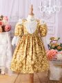 SHEIN Kids Nujoom Little Girls' Full Print Lace Patchwork Dress
