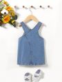SHEIN Baby Girls' Comfortable And Fashionable Denim Dress, Water Washed