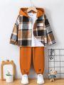 2-piece Boys' Plaid Hooded Shirt And Pants Suit