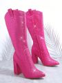 Rhinestone Pointy Toe Block Heel Boots