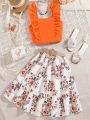 Teen Girls' Summer Set, Featuring Square Neckline Top With Lotus Leaf Edge And A-Line Skirt With Romantic Florals Prints