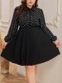 SHEIN Clasi Plus Size Women's Polka Dot Printed Pleated Lantern Sleeve Dress