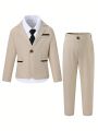 SHEIN Young Boy Gentleman Two Piece Suit - Color Block Design Suit Jacket + Pants, Elegant Tuxedo For Birthday Party, Prom, Wedding, Baptism, Christening, And Other Formal Occasions