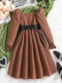 Teenage Girls' Corduroy Long Sleeve Square Collar Dress With Belt Included