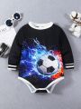 SHEIN Baby Boy Football Print Contrast Binding Bodysuit