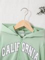 SHEIN Kids Cooltwn Tween Girl Letter Graphic Zip Up Hooded Crop Sweatshirt