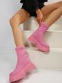 Comfortable And Fashionable Knitted Soft Pink Women's Wedge Heel Platform Boots