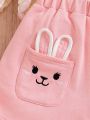 SHEIN Kids QTFun Young Girls' Bunny Pattern Patch Pocket Embroidery Ruffle Hem Shorts