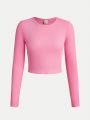 SHEIN Teen Girl Solid Color Ribbed Knit Round Neck Long Sleeve T-Shirt
