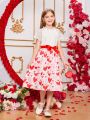 SHEIN Kids FANZEY Tween Girls' Lace Raglan Short Sleeve Heart Print Dress With Shoulder Detailing For Valentine's Day